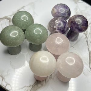 Mushroom Shaped Gemstone, Green Jade, Rose Quartz, Amethyst.